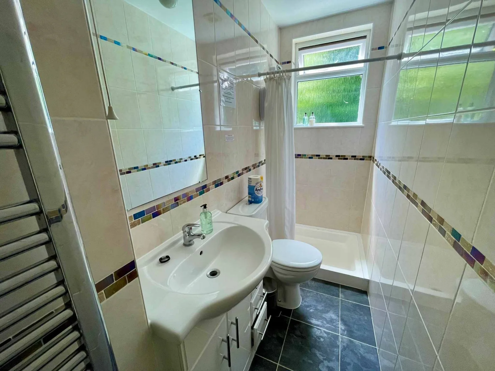 First floor shower room at Waterside Cottage with a corner shower a WC and a basin