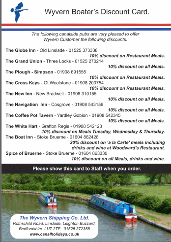 Canalside Pub Discount Card for Wyvern Narrowboat Holiday Customers